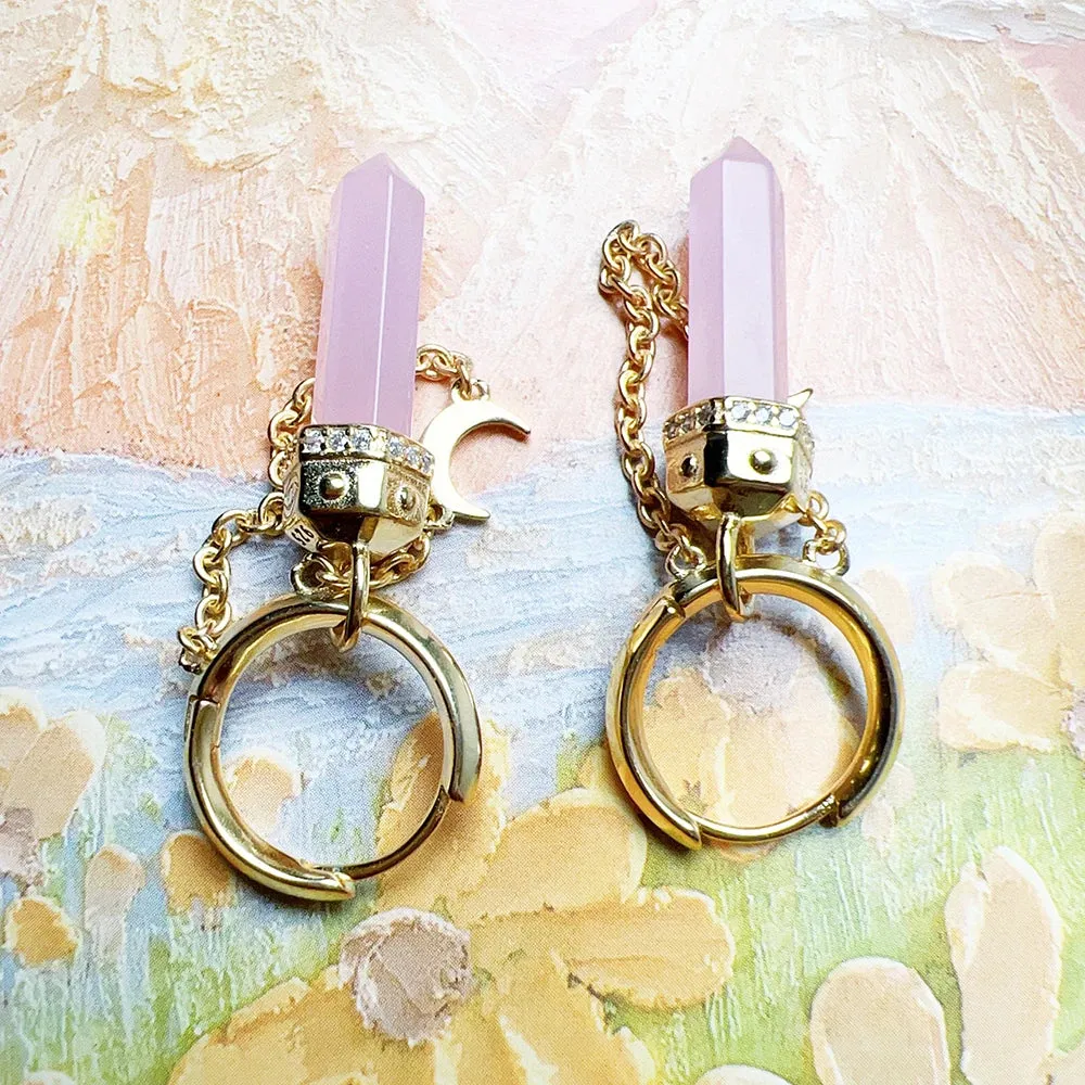 Gold Hexagonal Hoop Earrings with Rose Quartz