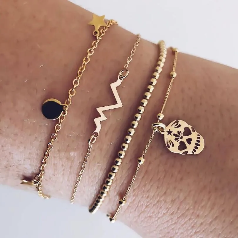 Halloween Inspired Four Piece Bracelet Set, including Heart Beat/Pulse and Sugar Skull