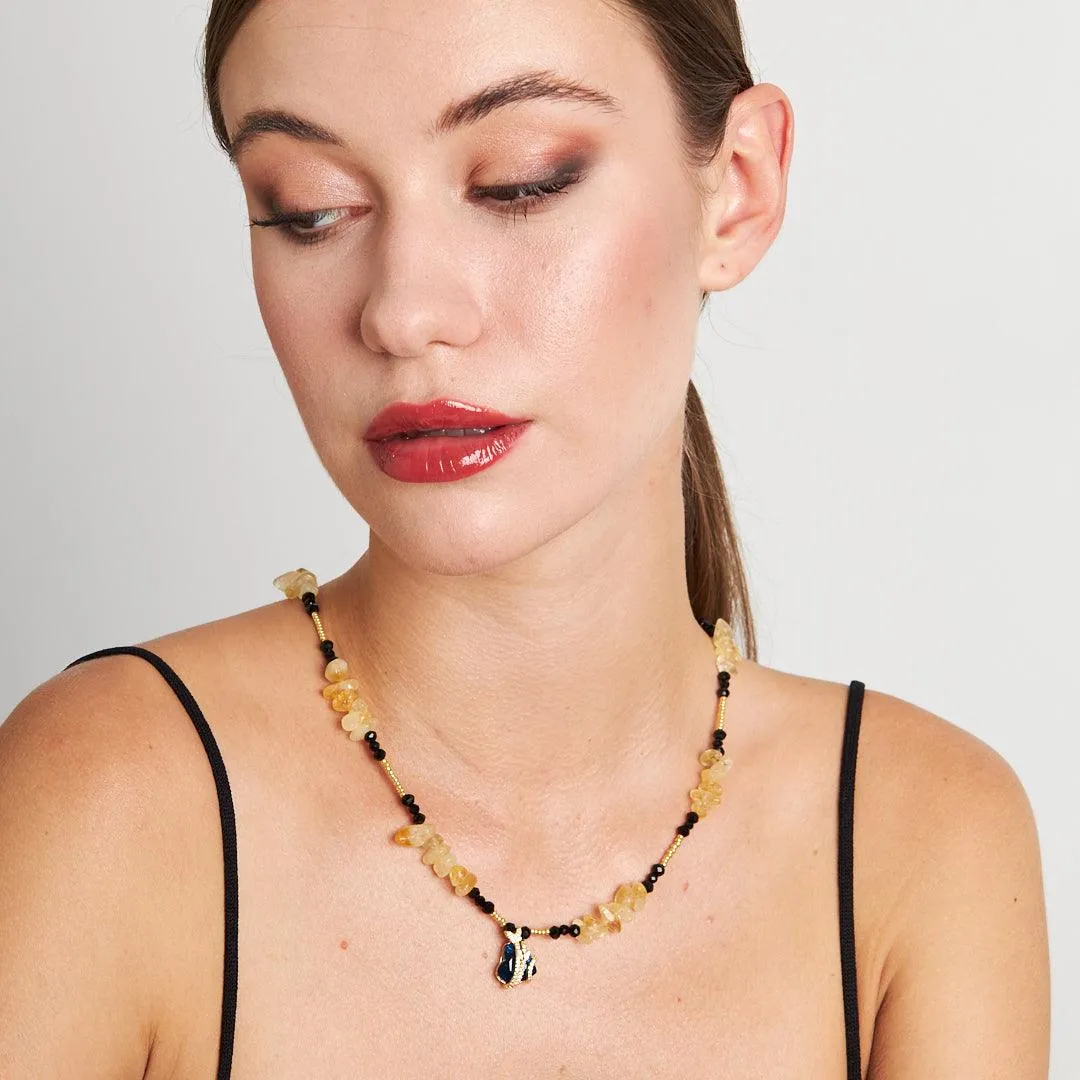 Handmade Citrine and Agate Heart Pendant Necklace with Seed and Crystal Beads | Artisan Gemstone Jewelry by Stone Fiesta