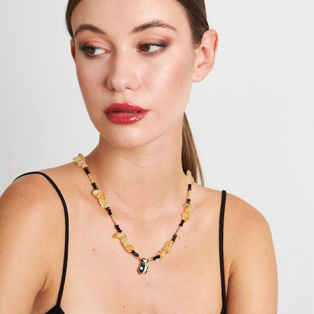Handmade Citrine and Agate Heart Pendant Necklace with Seed and Crystal Beads | Artisan Gemstone Jewelry by Stone Fiesta