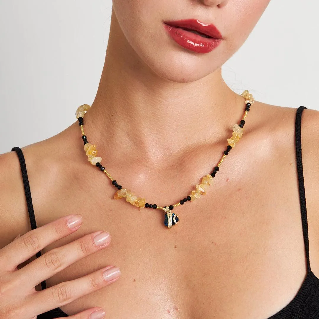 Handmade Citrine and Agate Heart Pendant Necklace with Seed and Crystal Beads | Artisan Gemstone Jewelry by Stone Fiesta