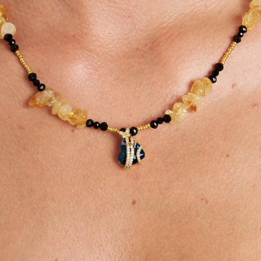 Handmade Citrine and Agate Heart Pendant Necklace with Seed and Crystal Beads | Artisan Gemstone Jewelry by Stone Fiesta