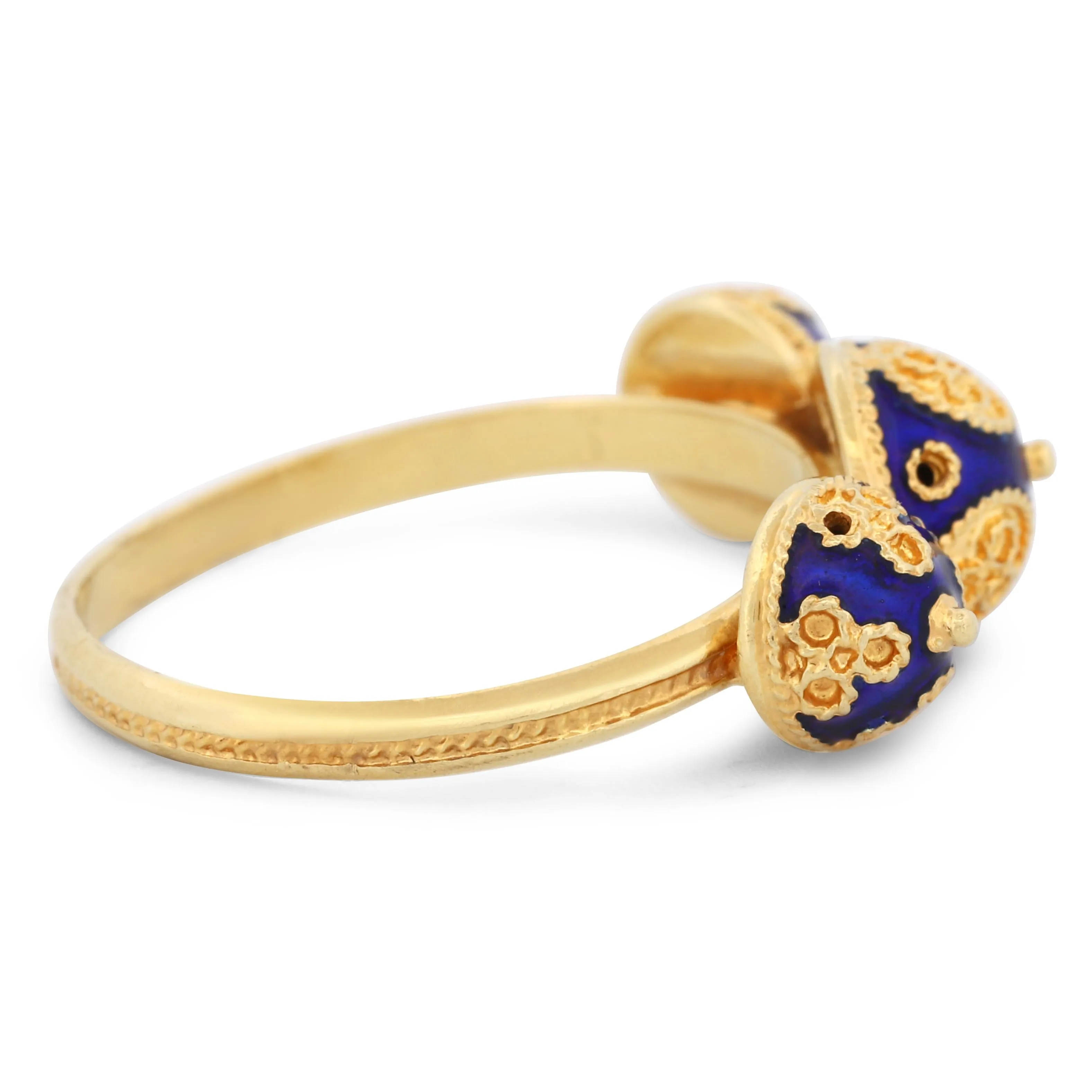Handmade Grecian Earth Spheres Filigree Ring in 18k Yellow Gold with Blue Enamel
