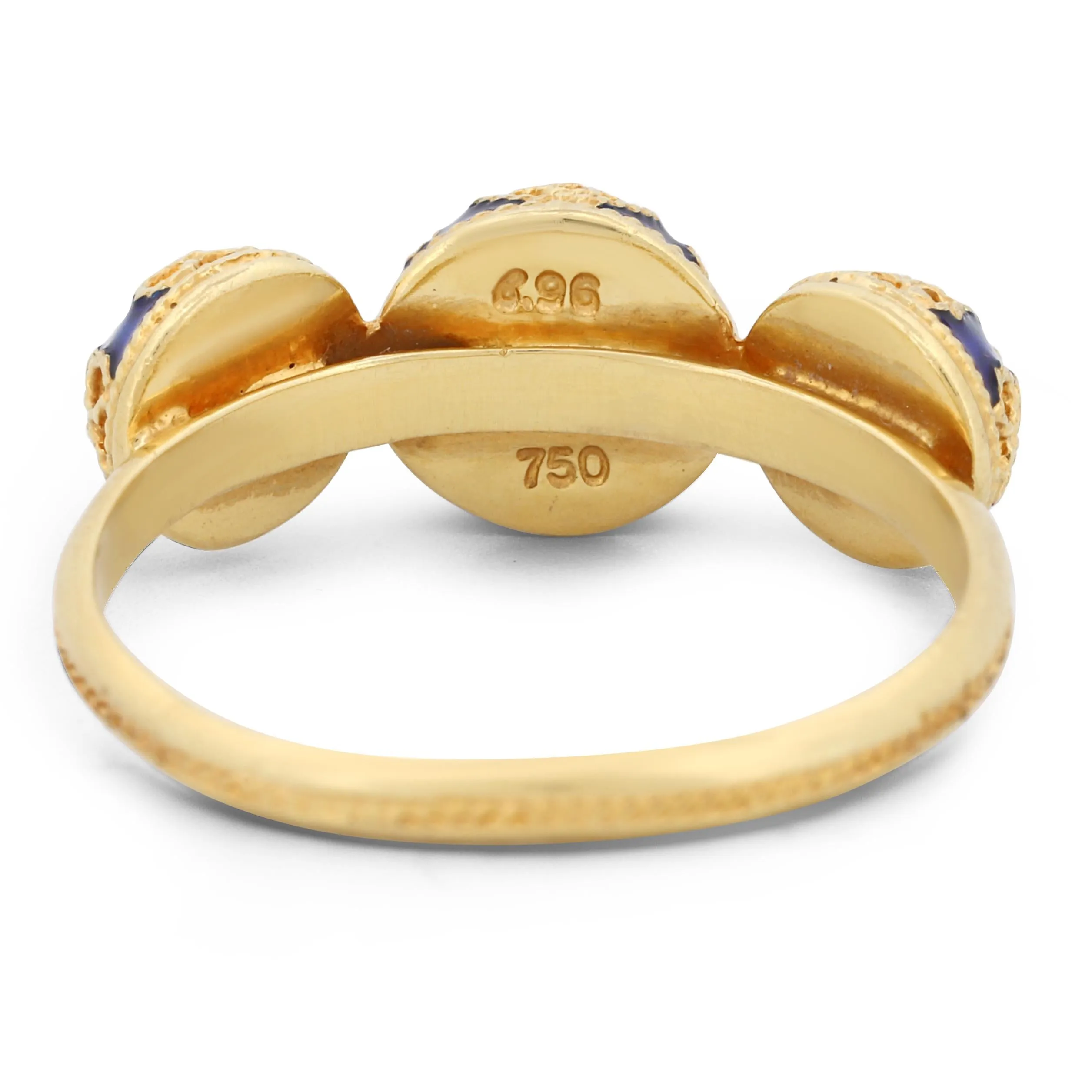 Handmade Grecian Earth Spheres Filigree Ring in 18k Yellow Gold with Blue Enamel