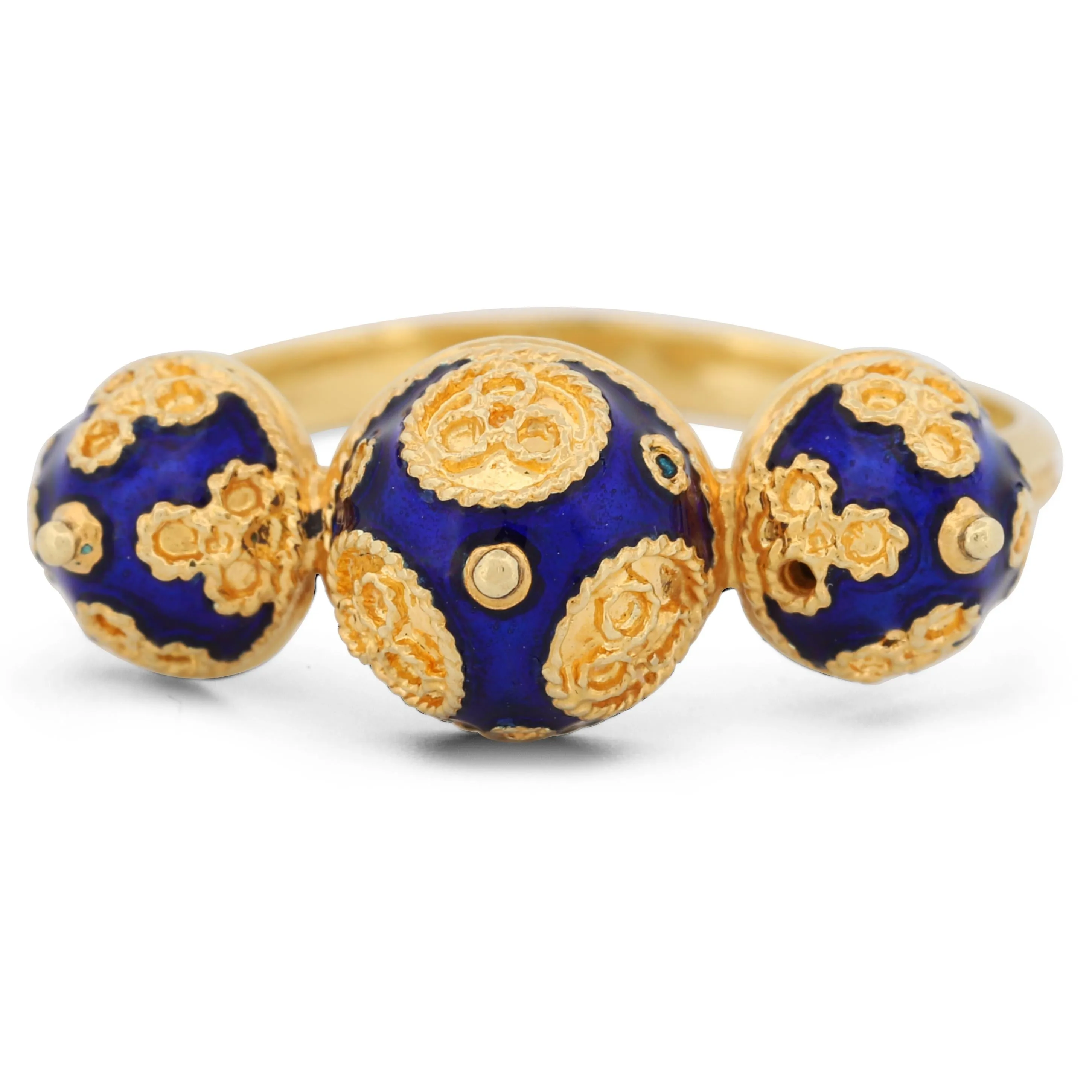 Handmade Grecian Earth Spheres Filigree Ring in 18k Yellow Gold with Blue Enamel