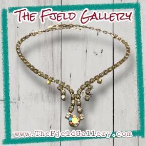 Hollywood Regency Aurora Borealis Crystal Rhinestone Silver Expansion Choker Necklace