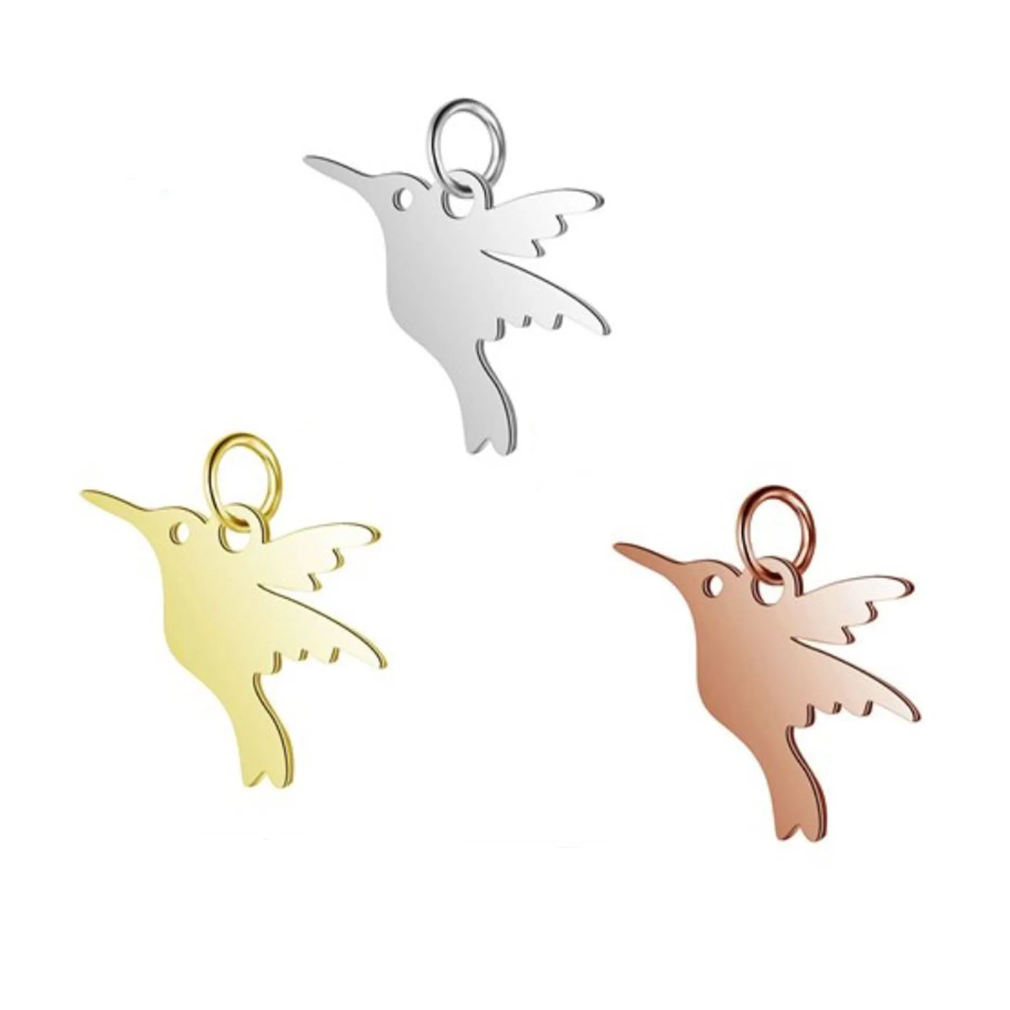 Hummingbird Charms, 24kt Rose Gold Plated Stainless Steel, 13x15x1mm, 3mm Jump Ring, Lot Size 5 Charms, #1667 RG