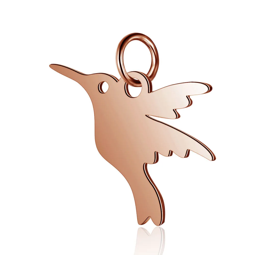 Hummingbird Charms, 24kt Rose Gold Plated Stainless Steel, 13x15x1mm, 3mm Jump Ring, Lot Size 5 Charms, #1667 RG