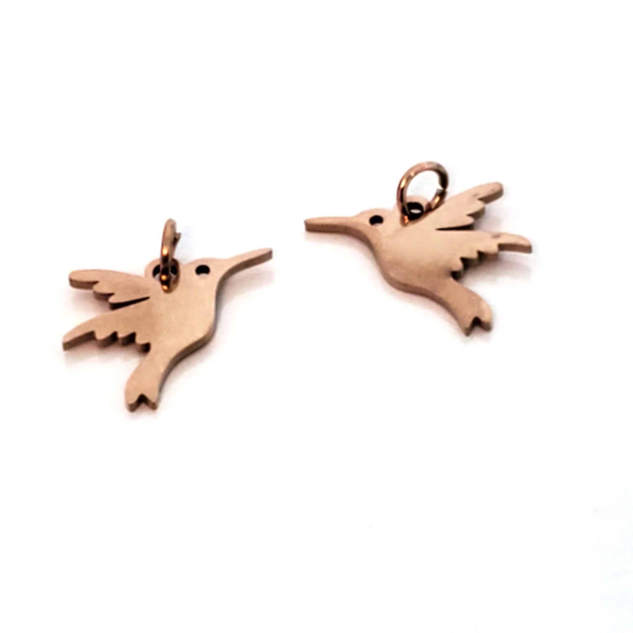 Hummingbird Charms, 24kt Rose Gold Plated Stainless Steel, 13x15x1mm, 3mm Jump Ring, Lot Size 5 Charms, #1667 RG