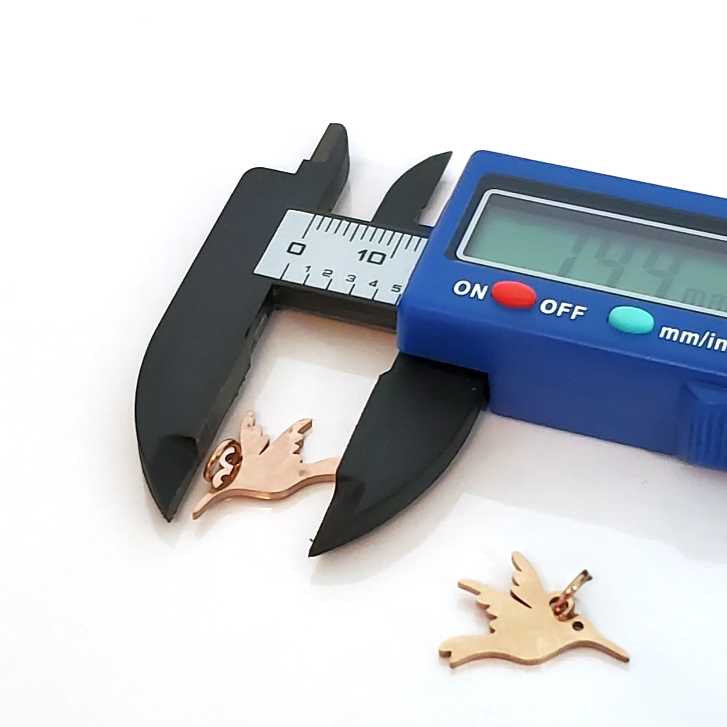 Hummingbird Charms, 24kt Rose Gold Plated Stainless Steel, 13x15x1mm, 3mm Jump Ring, Lot Size 5 Charms, #1667 RG