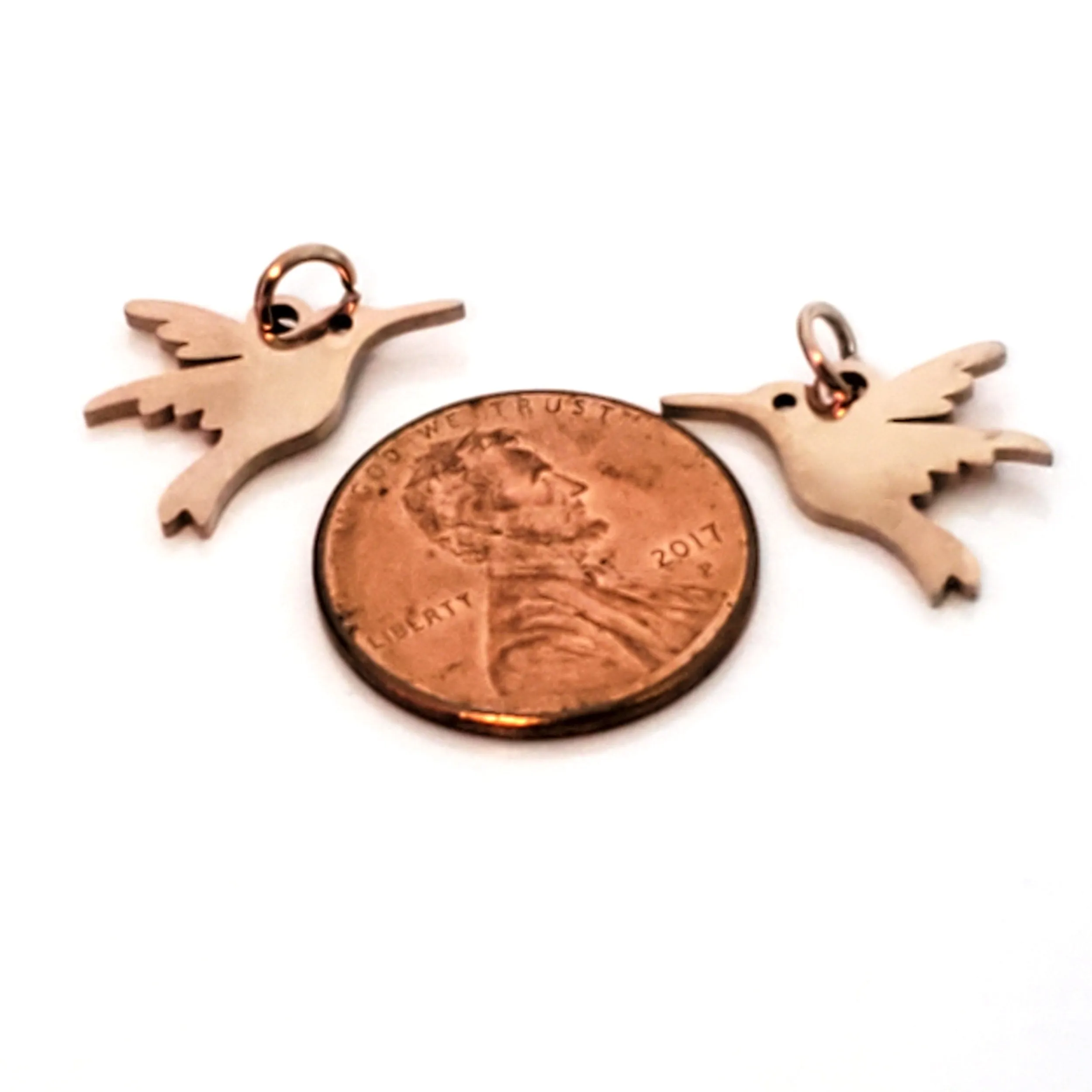 Hummingbird Charms, 24kt Rose Gold Plated Stainless Steel, 13x15x1mm, 3mm Jump Ring, Lot Size 5 Charms, #1667 RG
