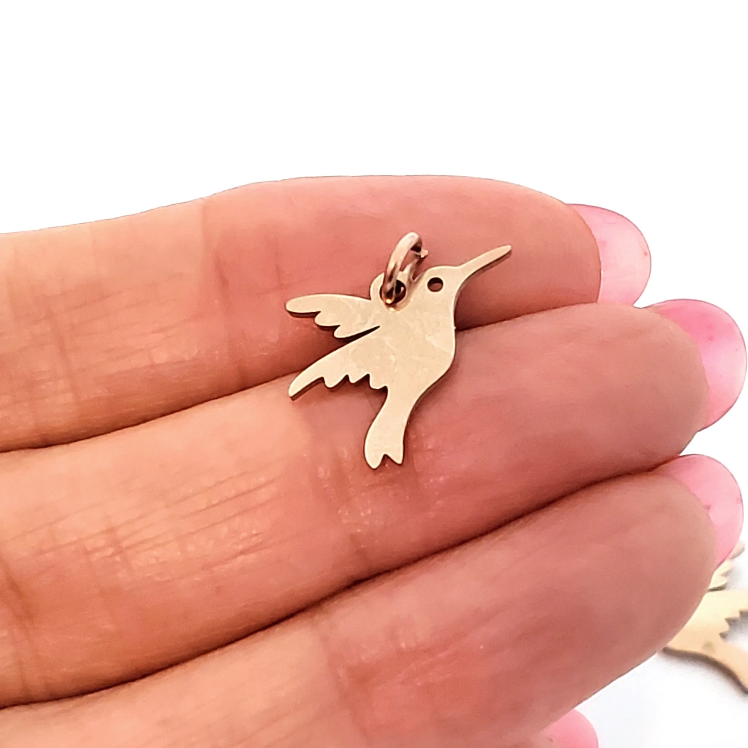 Hummingbird Charms, 24kt Rose Gold Plated Stainless Steel, 13x15x1mm, 3mm Jump Ring, Lot Size 5 Charms, #1667 RG