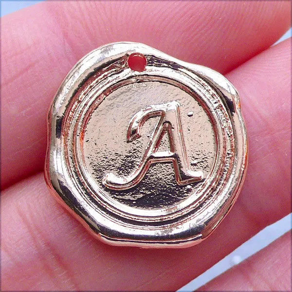 Initial Wax Seal Charms | Letter Tag | Round Alphabet Pendant | Personalized Jewelry Making (1 piece / Rose Gold / 18mm x 19mm)