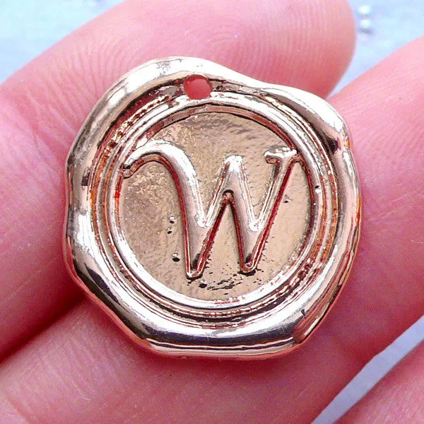 Initial Wax Seal Charms | Letter Tag | Round Alphabet Pendant | Personalized Jewelry Making (1 piece / Rose Gold / 18mm x 19mm)