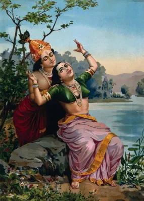 Krishna Radha Bilas  - Raja Ravi Varma Chromolithograph Print - Vintage Indian Art Painting