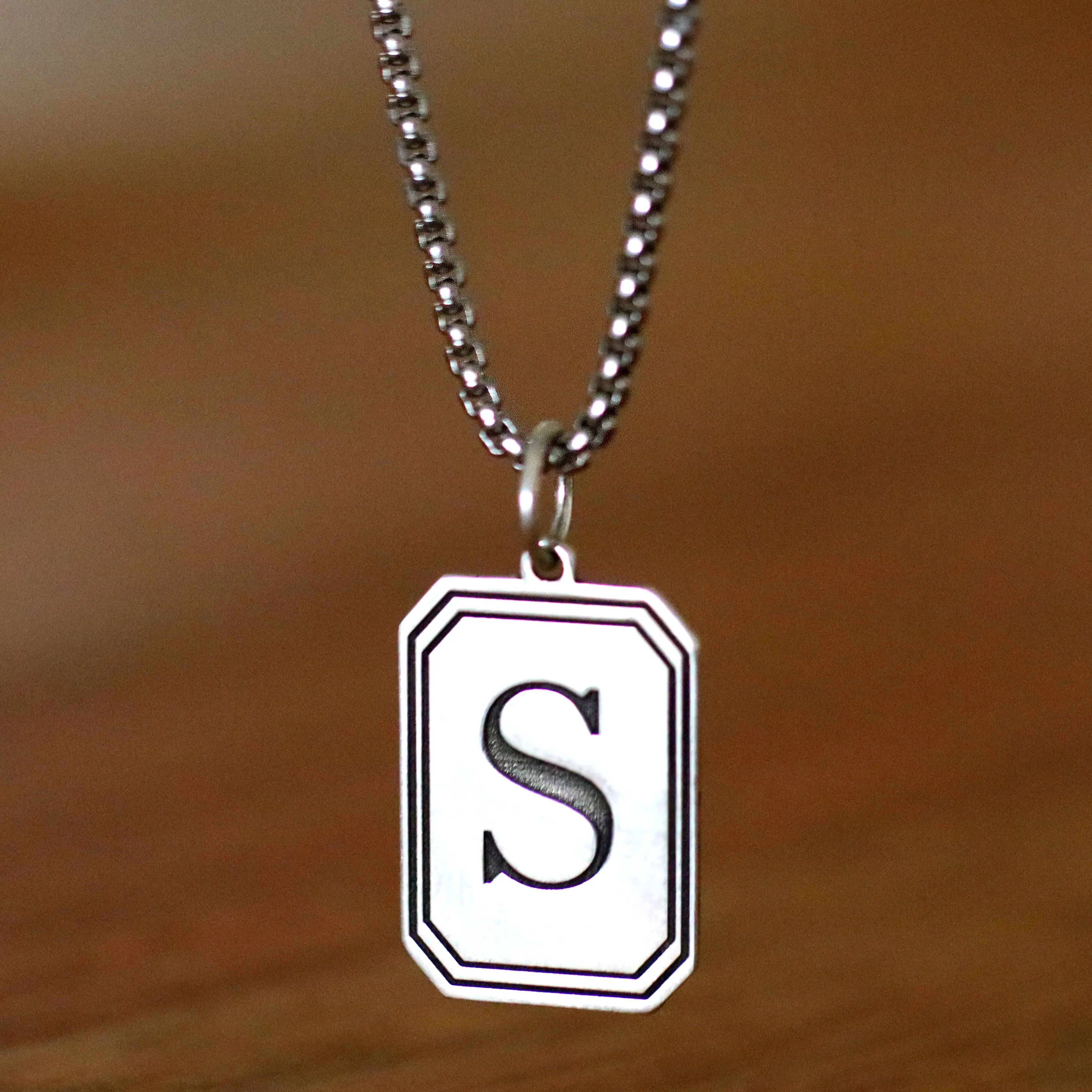 Large Initial Pendant Necklace for men - Sterling silver Tag