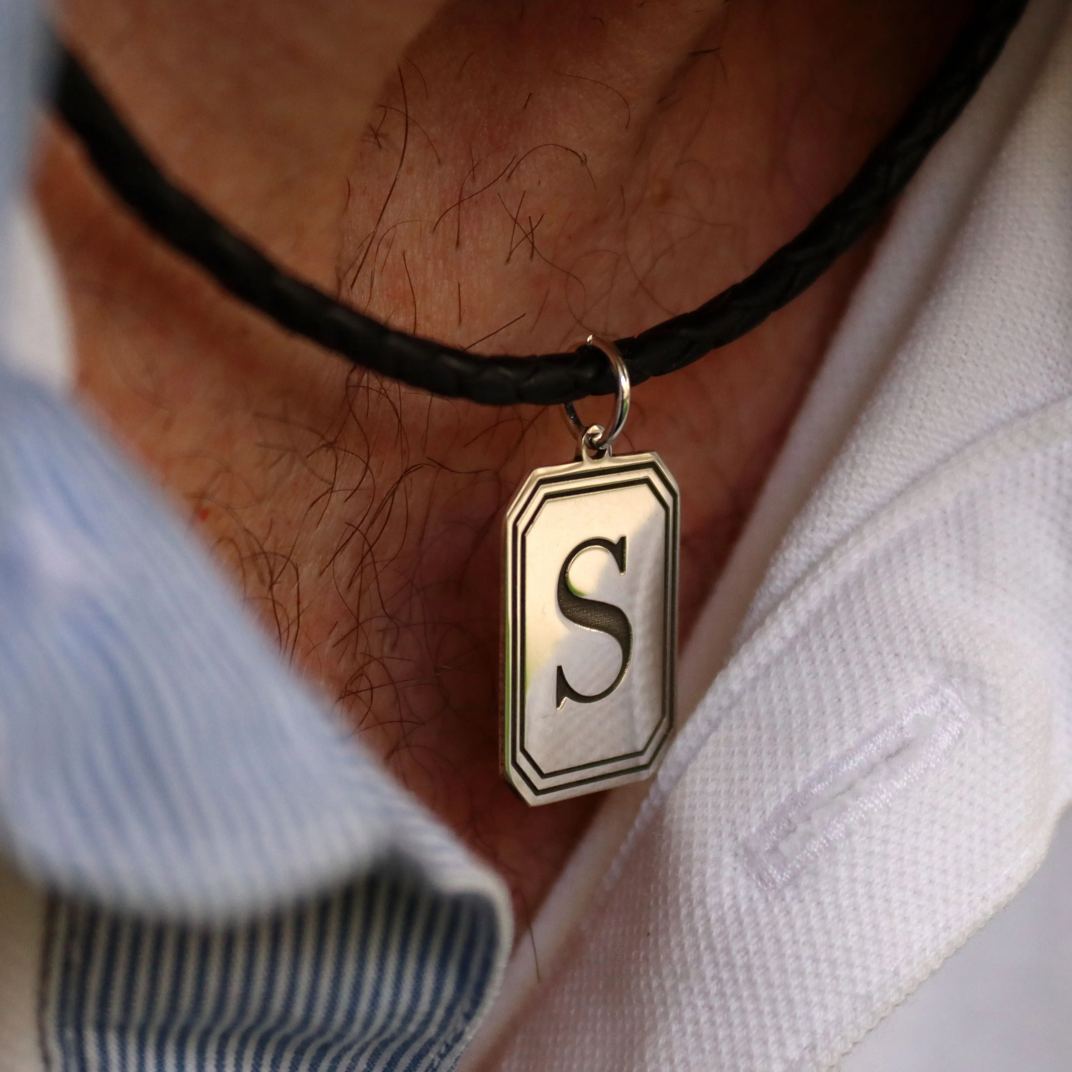 Large Initial Pendant Necklace for men - Sterling silver Tag