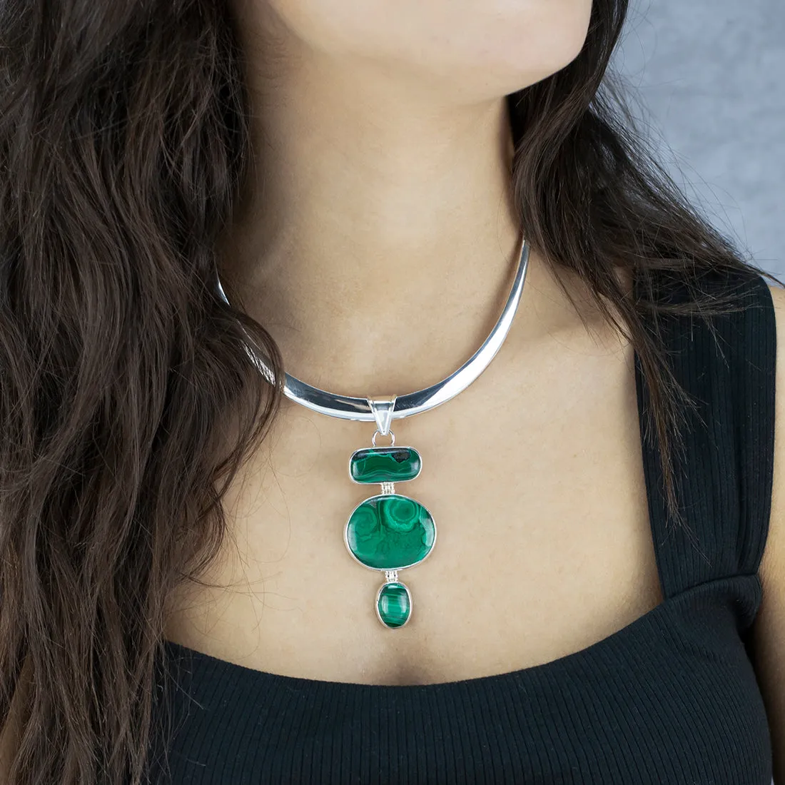 Large Malachite Three Stone Pendant Necklace