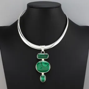 Large Malachite Three Stone Pendant Necklace