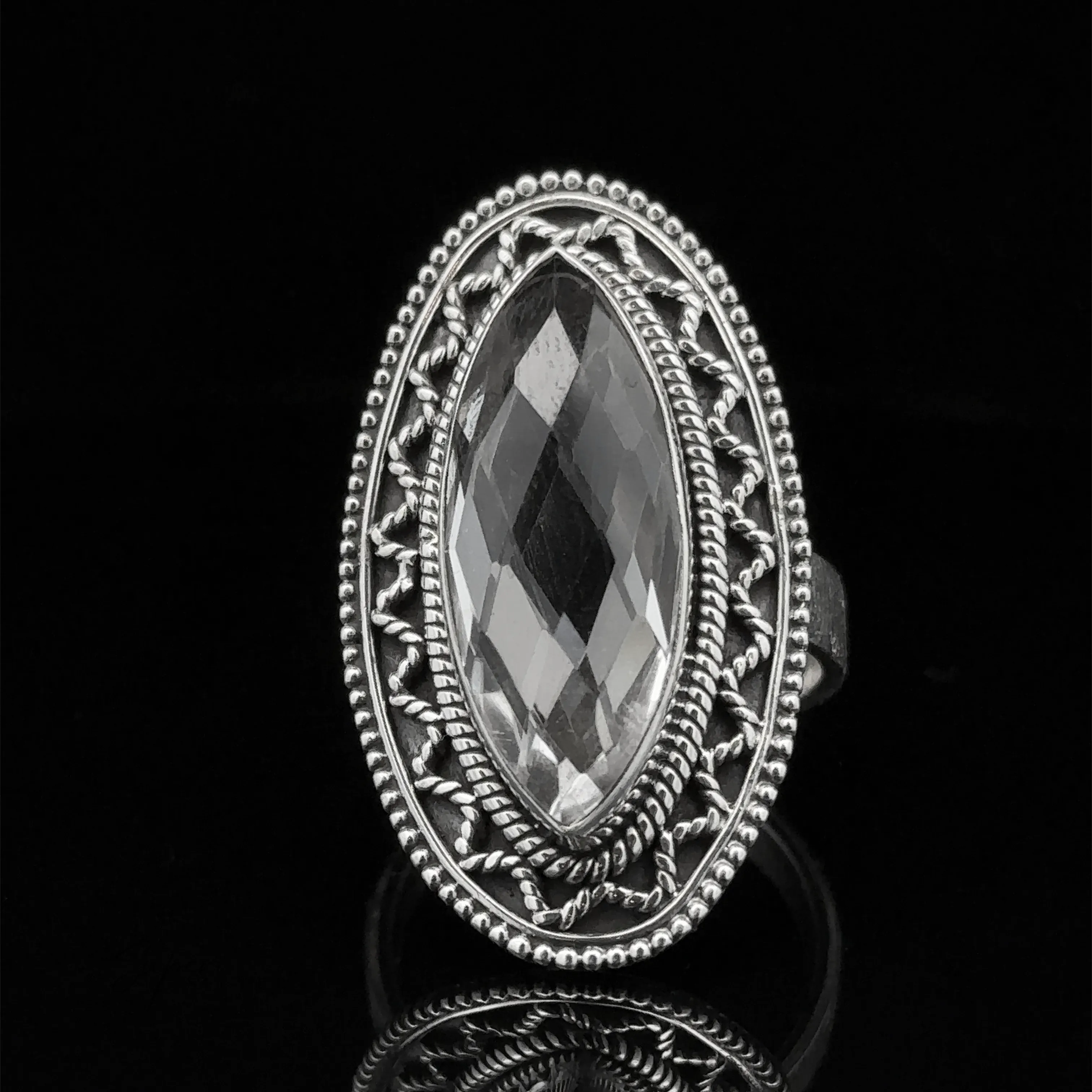Marquise Shaped Gemstone Ring With Vintage Shield Border