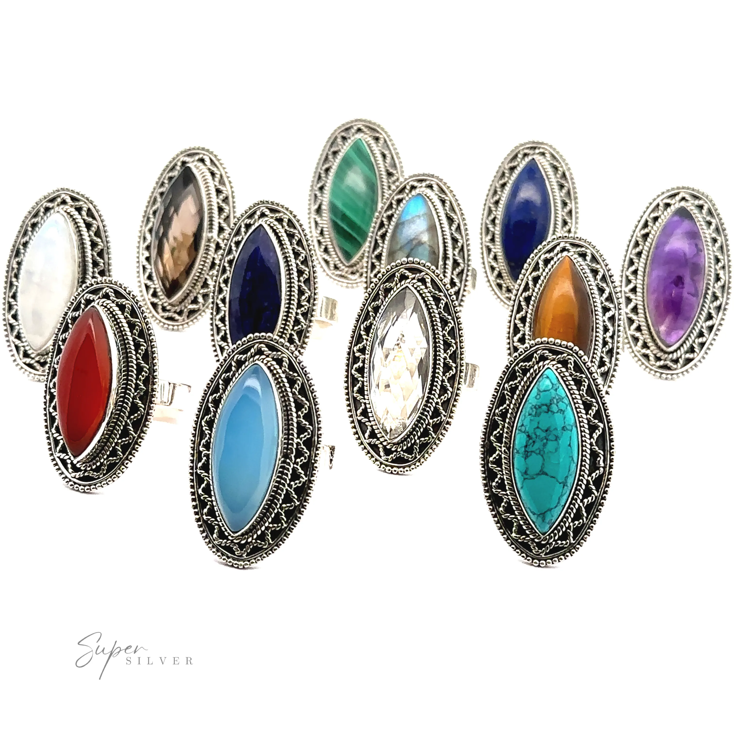 Marquise Shaped Gemstone Ring With Vintage Shield Border