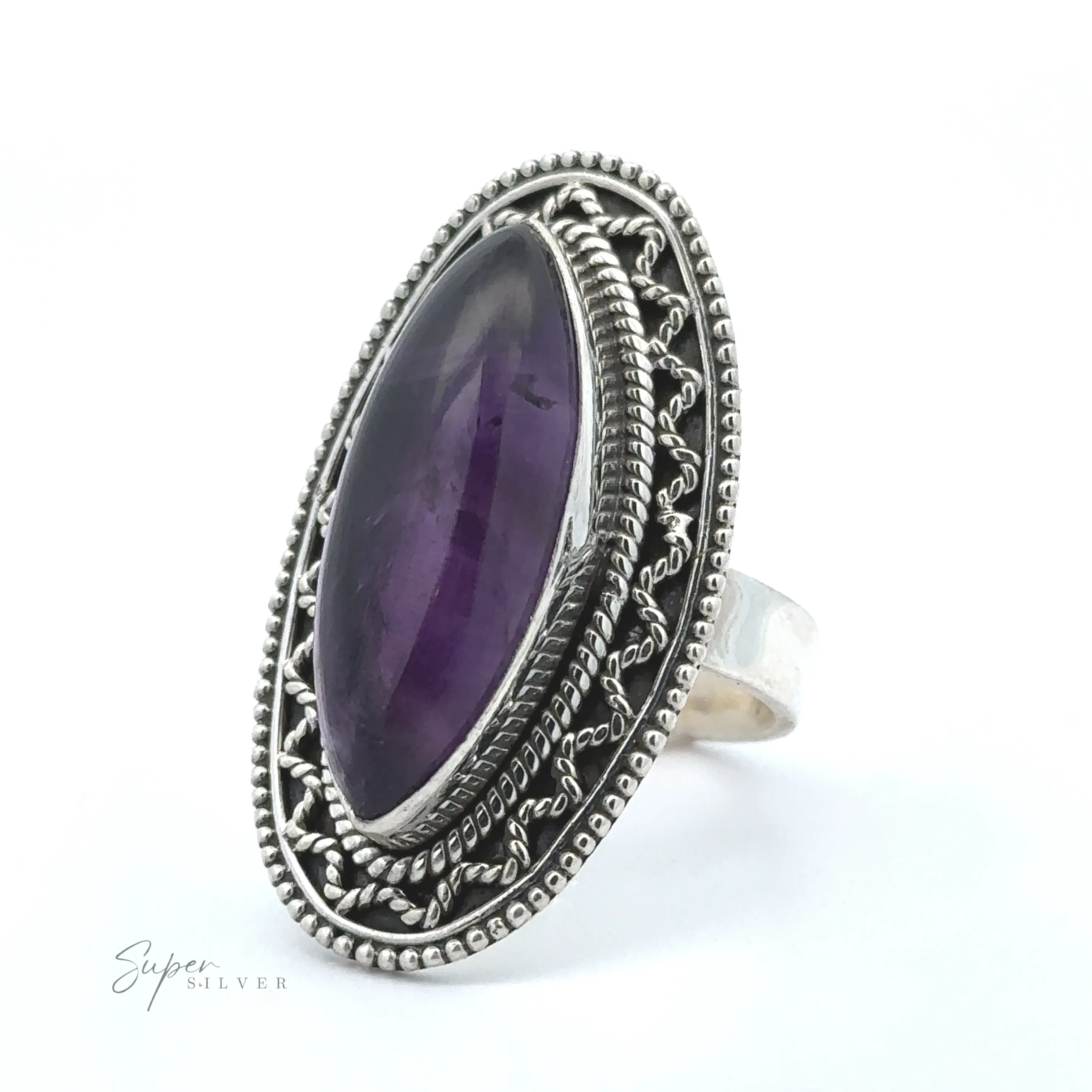 Marquise Shaped Gemstone Ring With Vintage Shield Border