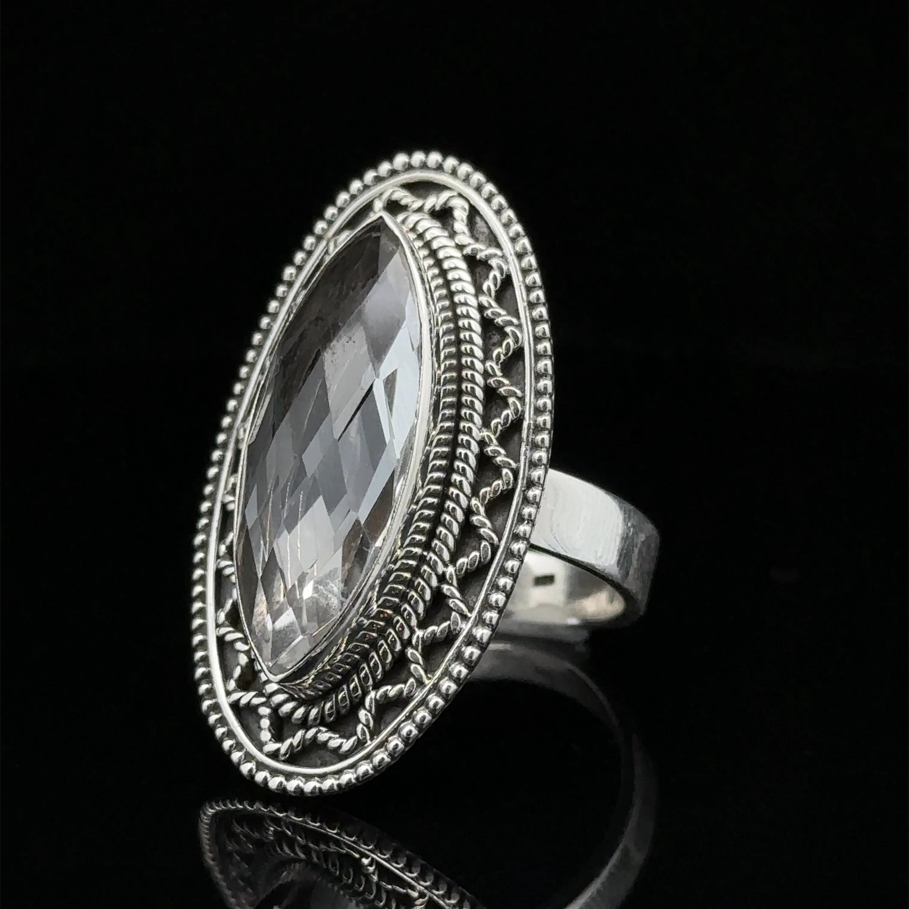 Marquise Shaped Gemstone Ring With Vintage Shield Border