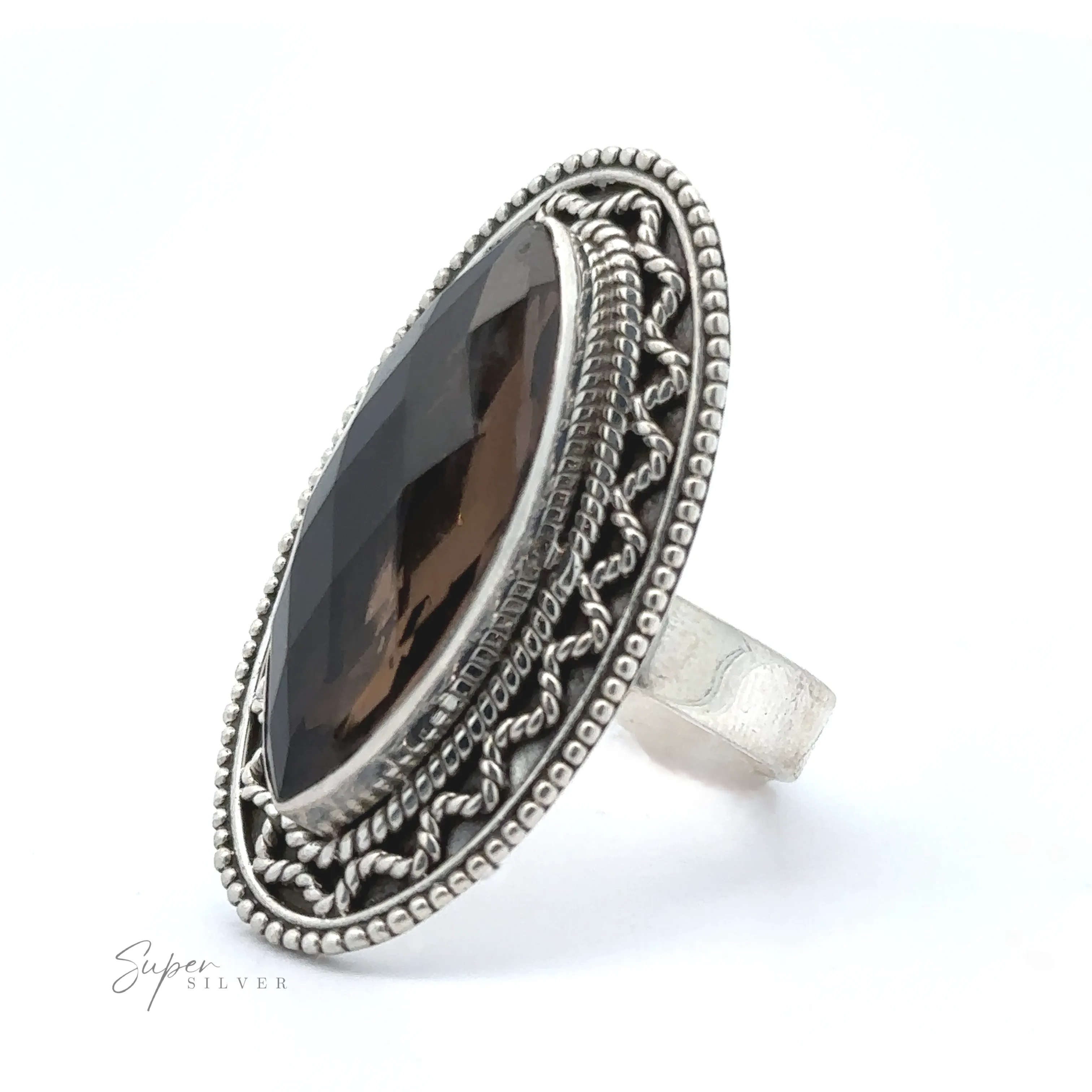 Marquise Shaped Gemstone Ring With Vintage Shield Border