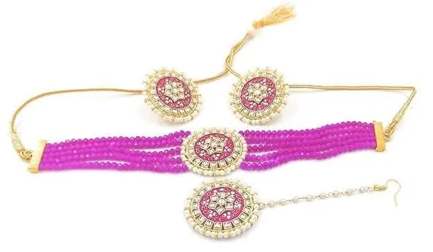 Meenakari designer kundan chokar pink color necklace with earrings