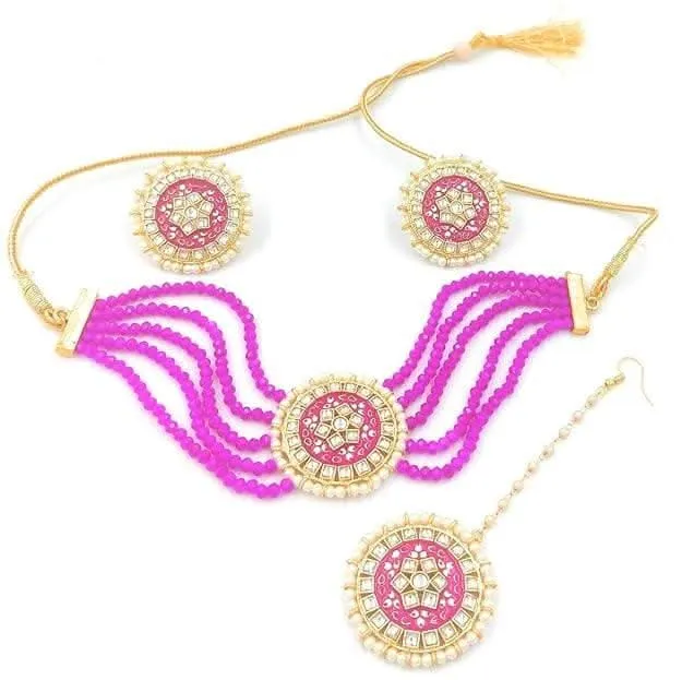 Meenakari designer kundan chokar pink color necklace with earrings