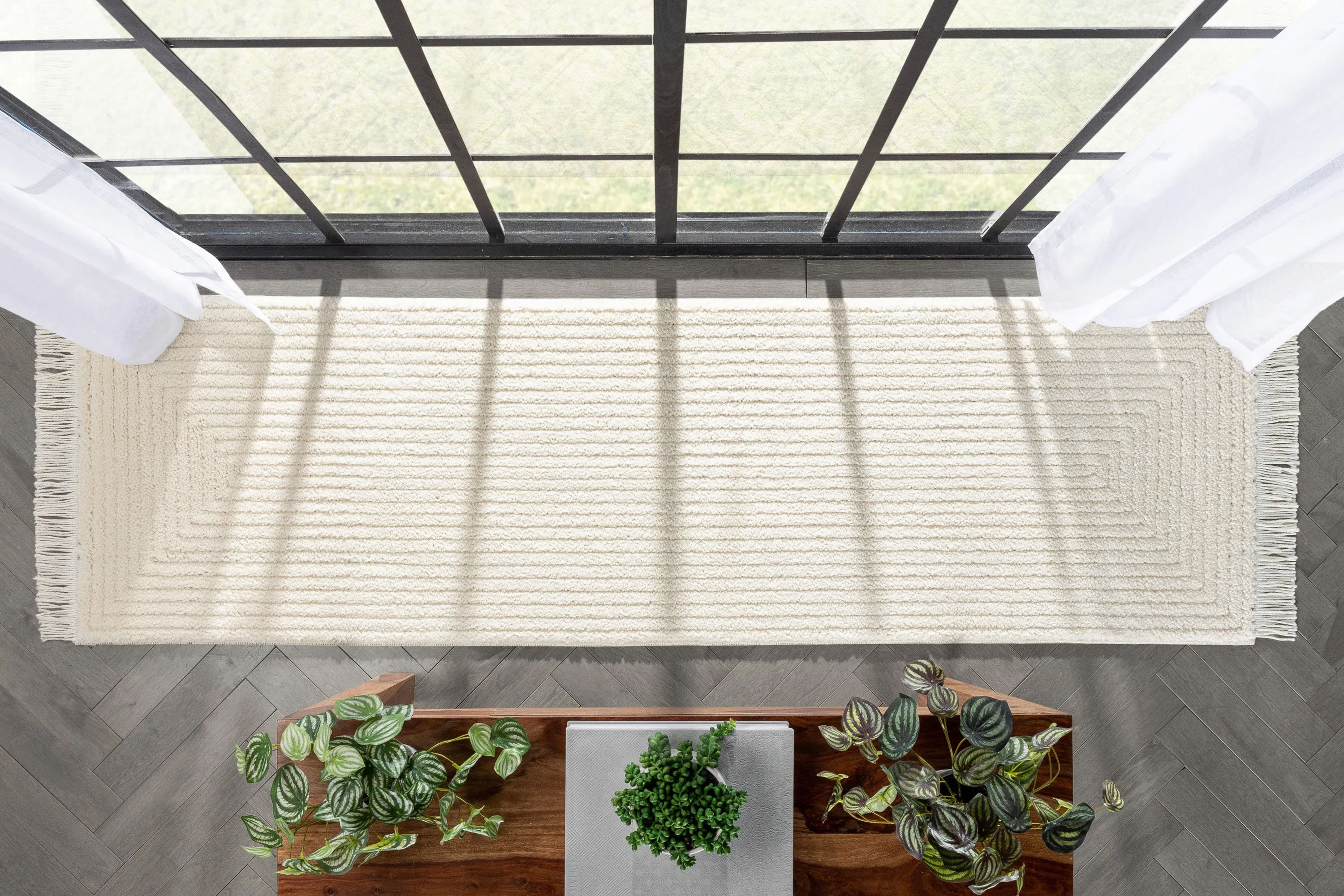 Monroe Solid & Striped Textured Ivory Ultra Soft High-Low Shag Rug