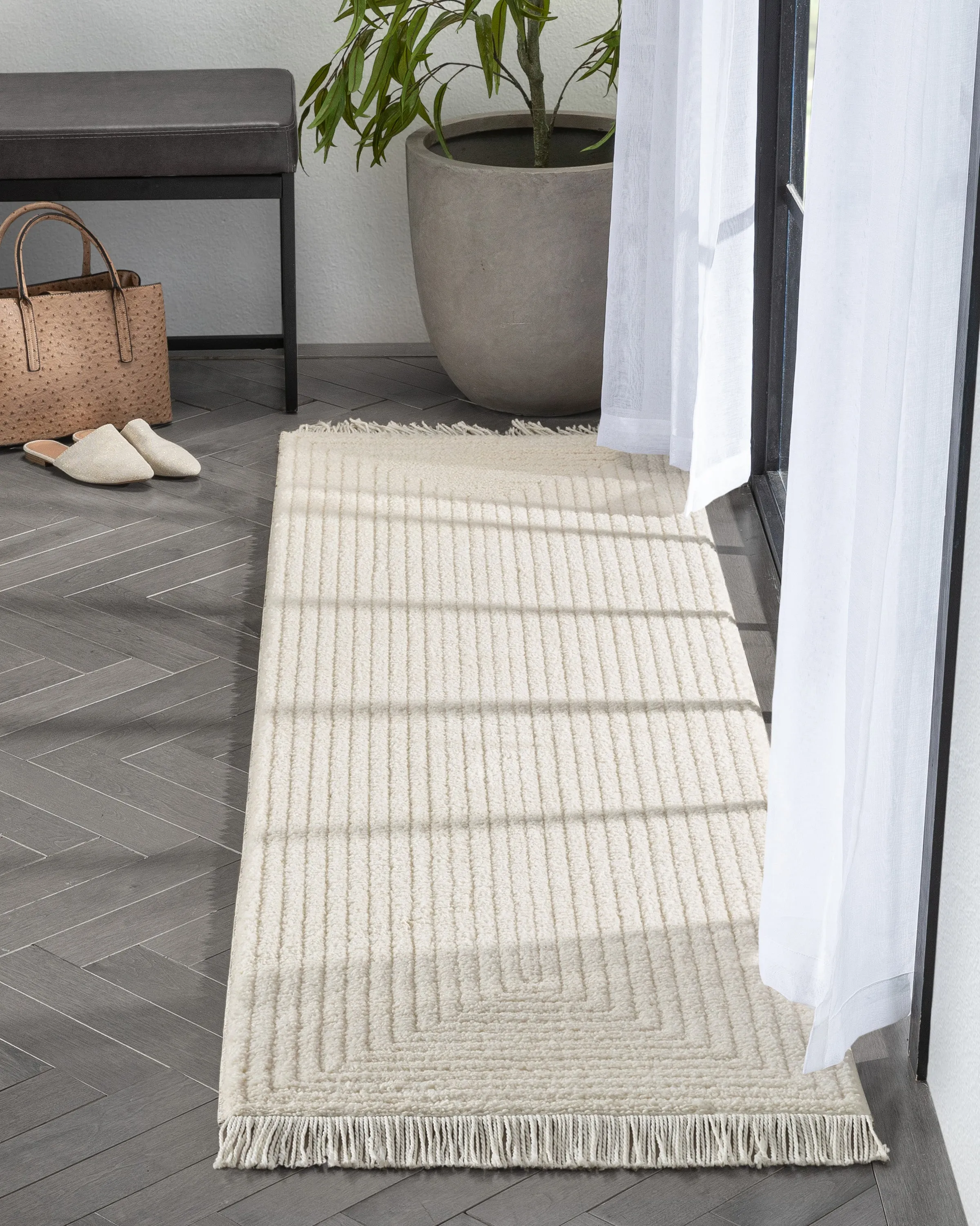 Monroe Solid & Striped Textured Ivory Ultra Soft High-Low Shag Rug