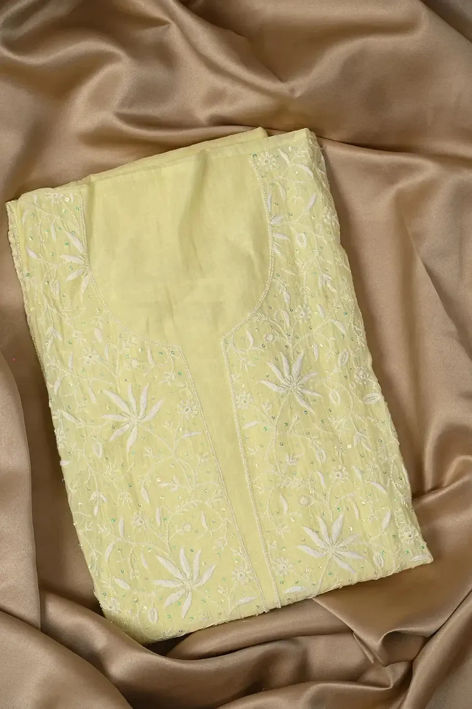 Mul Chanderi Chikankari Anarkali - Lemon Yellow