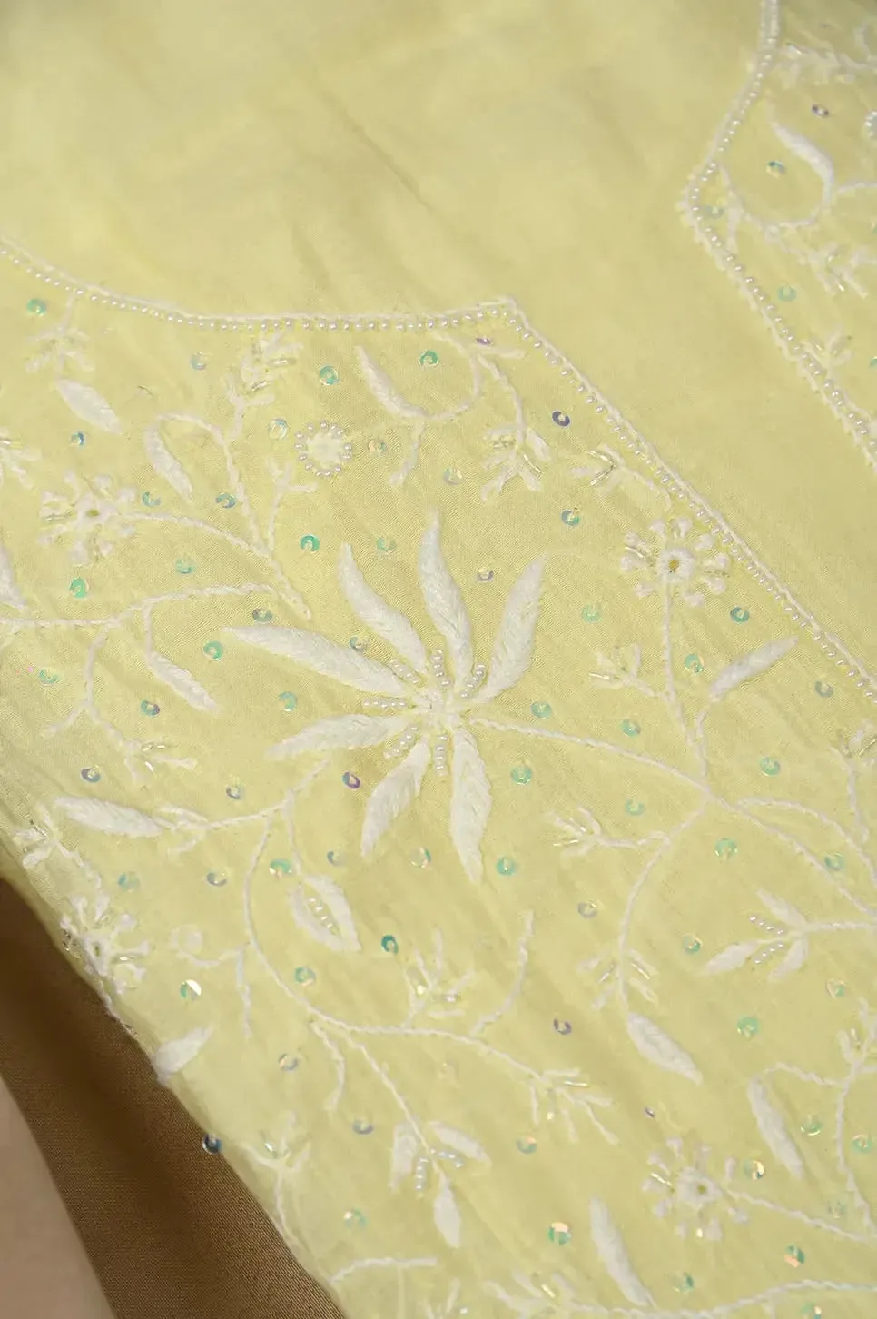 Mul Chanderi Chikankari Anarkali - Lemon Yellow