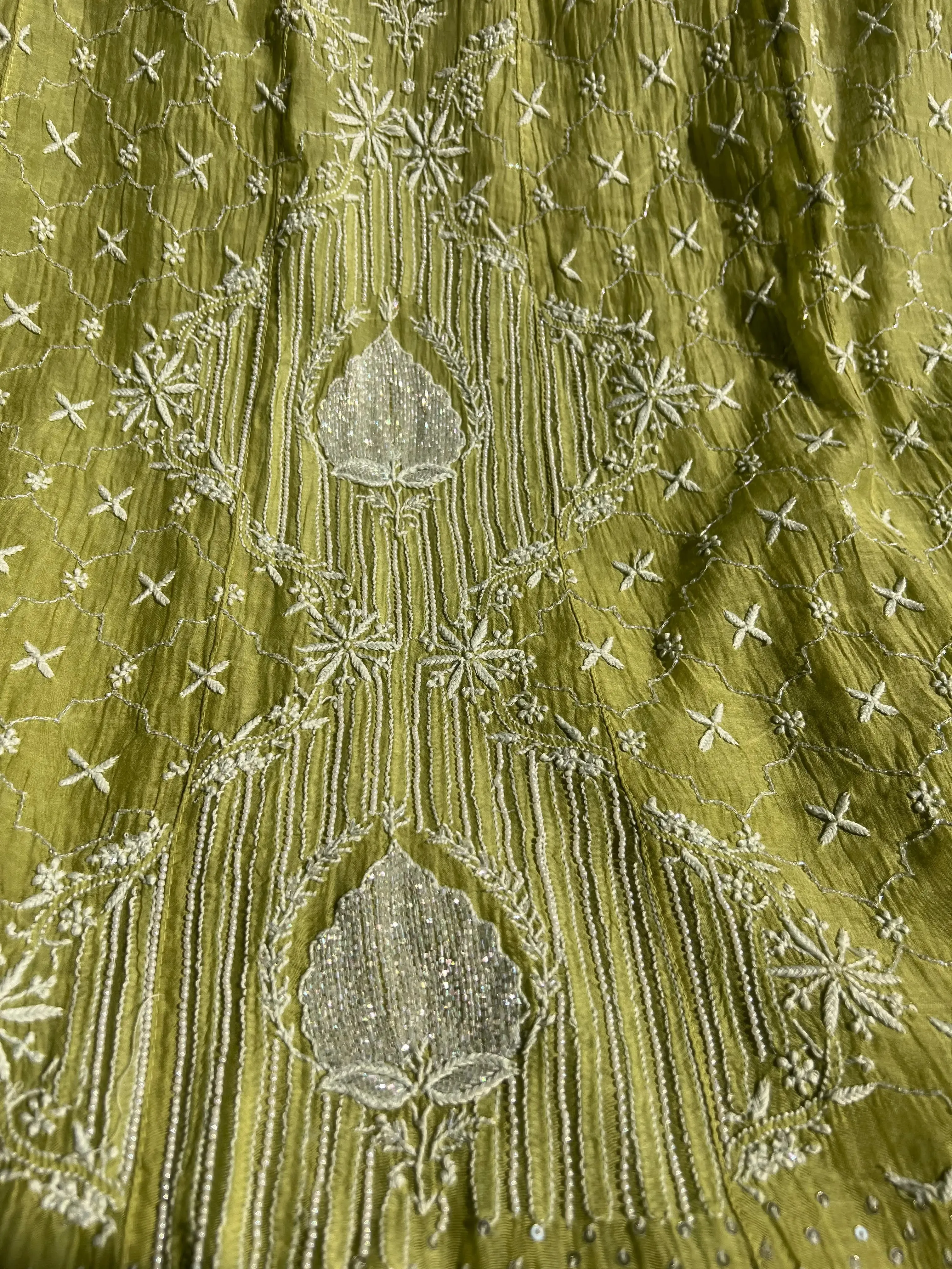 Mul Chanderi Chikankari Anarkali - Mehandi Green