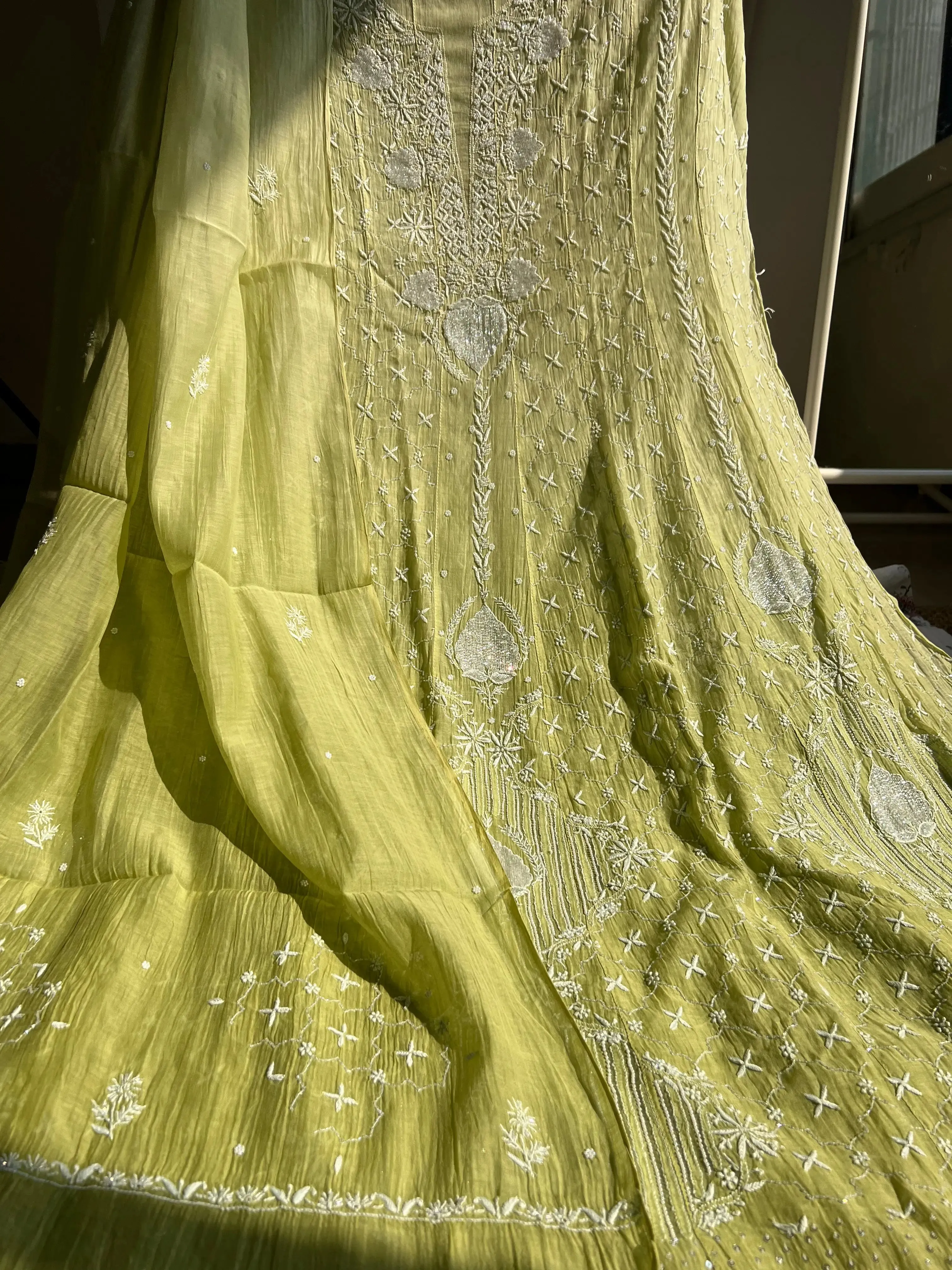 Mul Chanderi Chikankari Anarkali - Mehandi Green