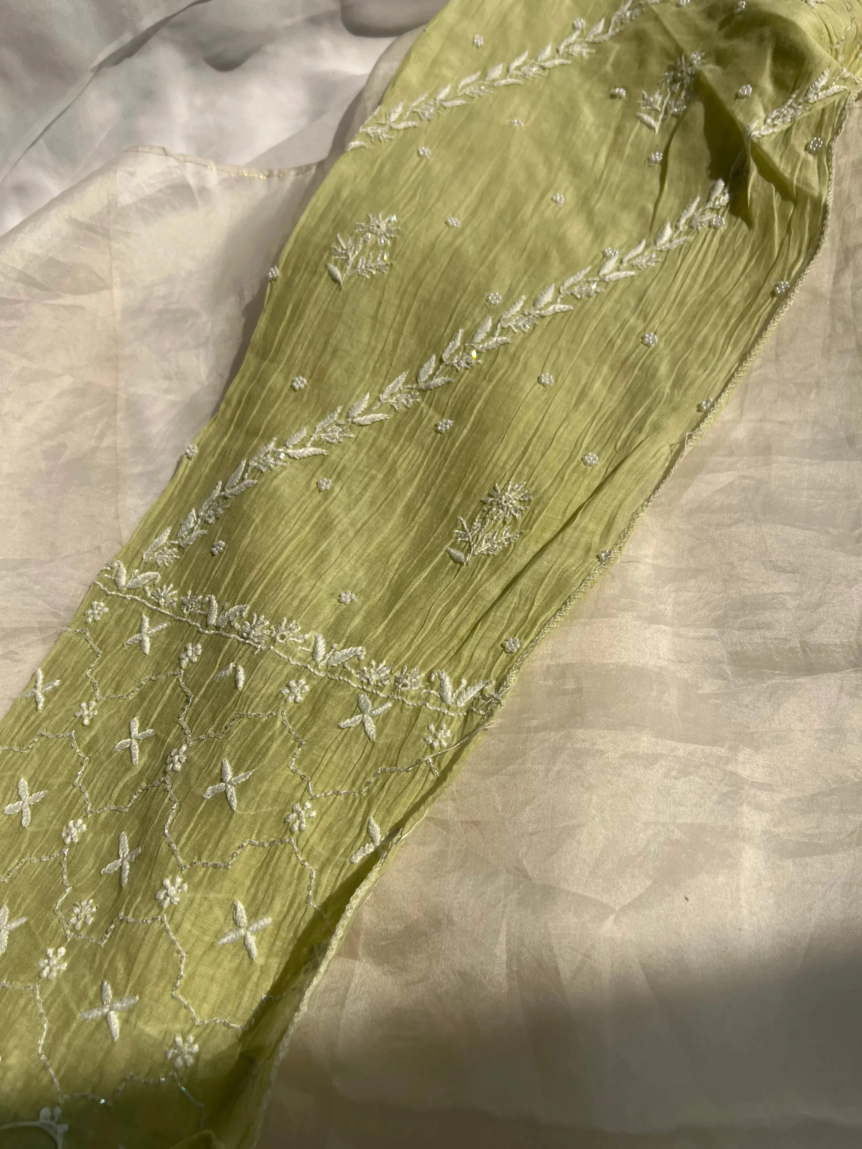 Mul Chanderi Chikankari Anarkali - Mehandi Green