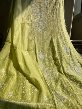 Mul Chanderi Chikankari Anarkali - Mehandi Green