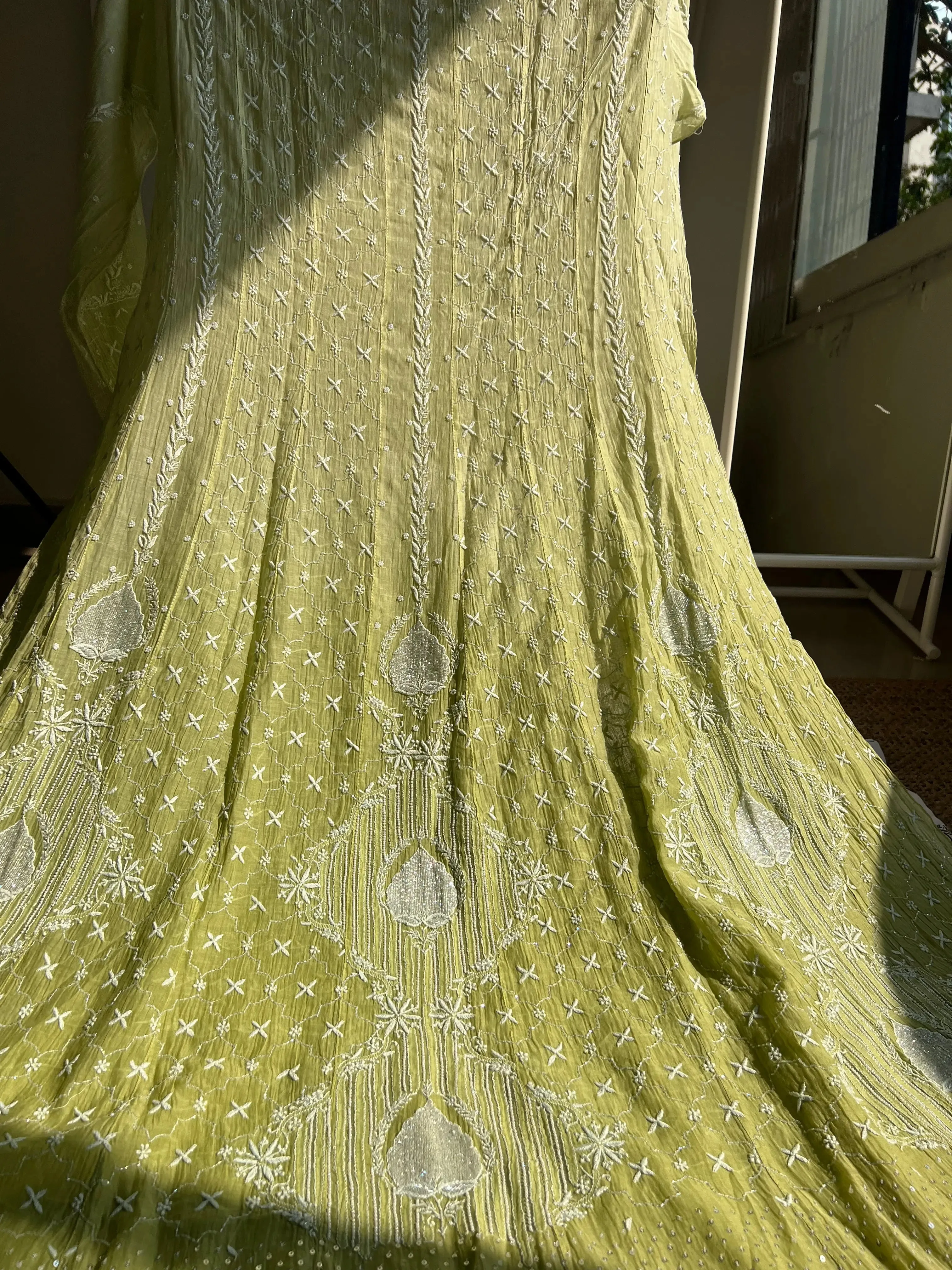 Mul Chanderi Chikankari Anarkali - Mehandi Green