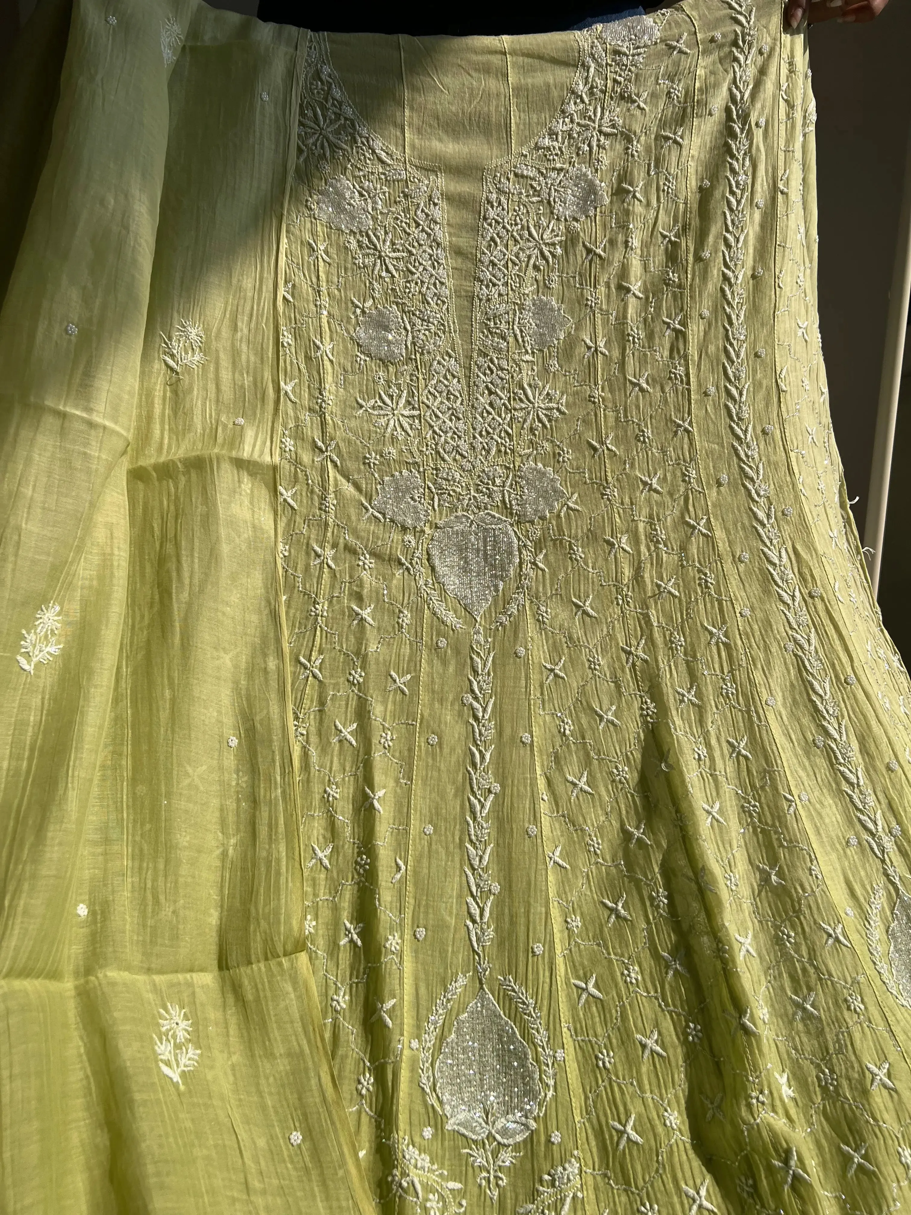 Mul Chanderi Chikankari Anarkali - Mehandi Green