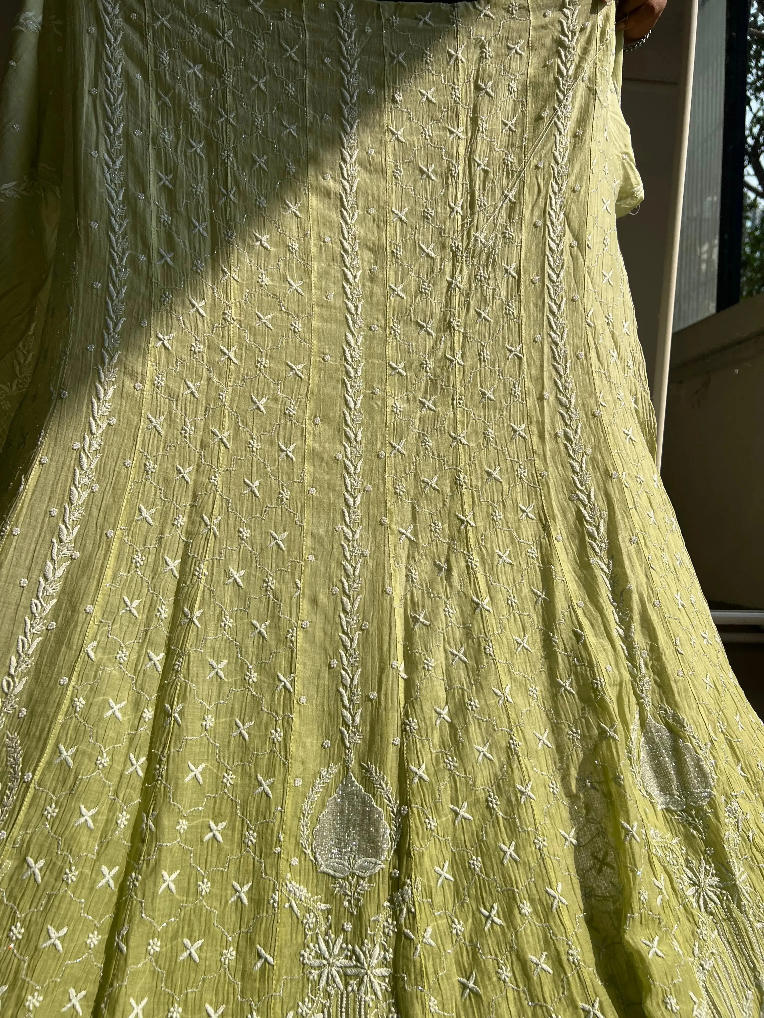 Mul Chanderi Chikankari Anarkali - Mehandi Green