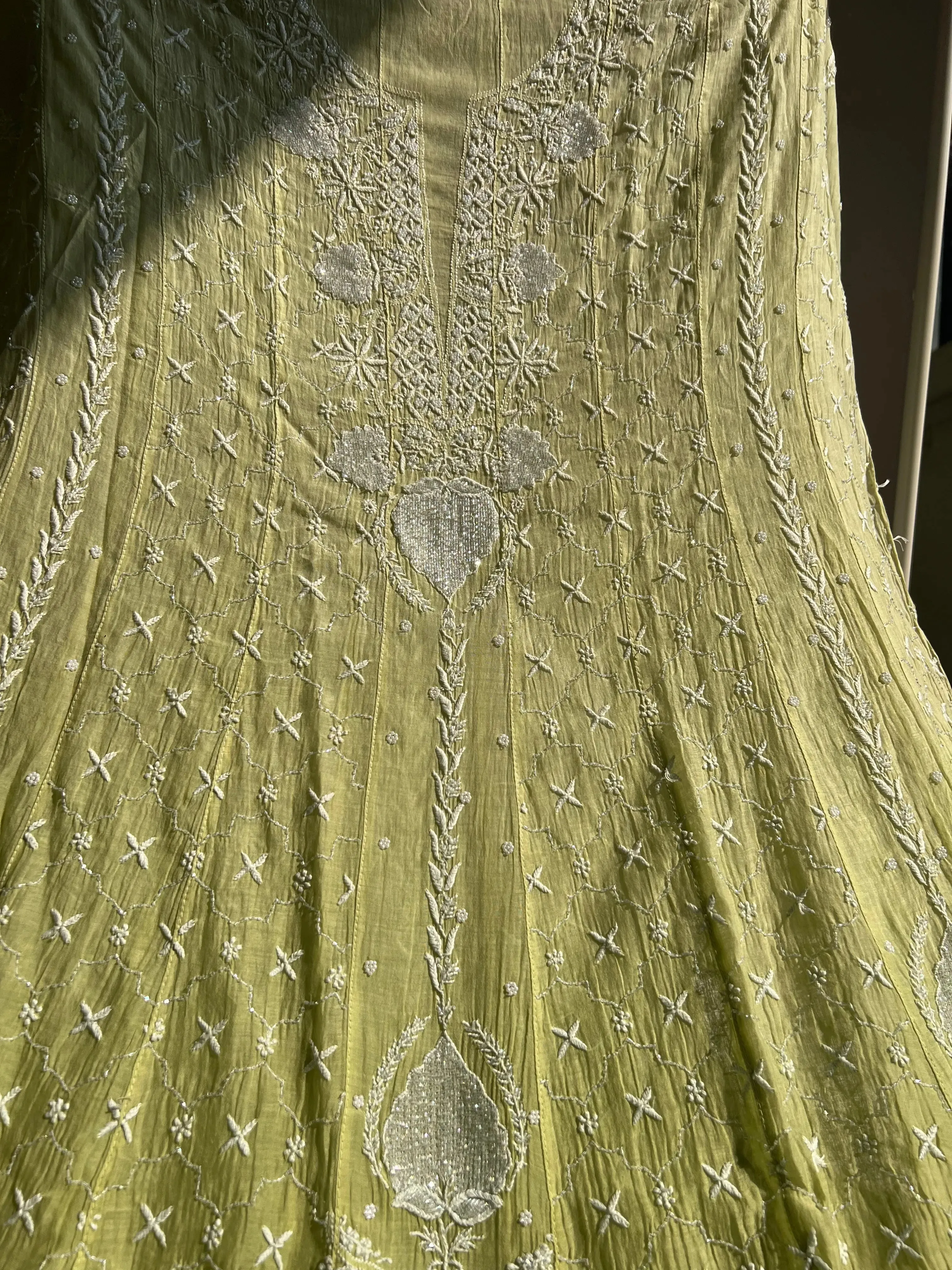 Mul Chanderi Chikankari Anarkali - Mehandi Green