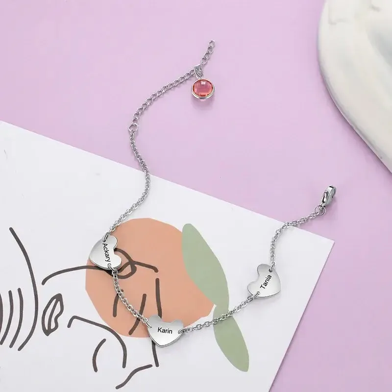 Personalized 3 Hearts Engraved Name Bracelet with Birthstone