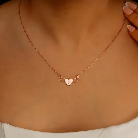 Personalized Initial Heart Necklace with Angel Wings