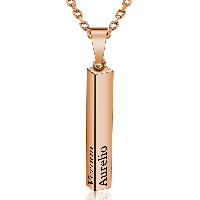Personalized Necklace,Custom Chain,Custom 3d Bar Engraved Pendant Necklace,Rose Gold