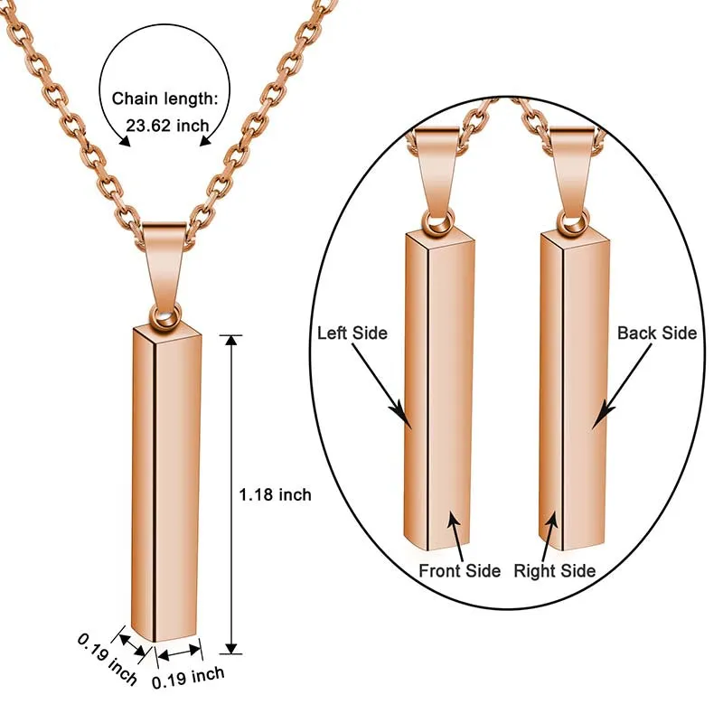 Personalized Necklace,Custom Chain,Custom 3d Bar Engraved Pendant Necklace,Rose Gold