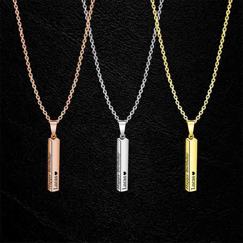 Personalized Necklace,Custom Chain,Custom 3d Bar Engraved Pendant Necklace,Rose Gold