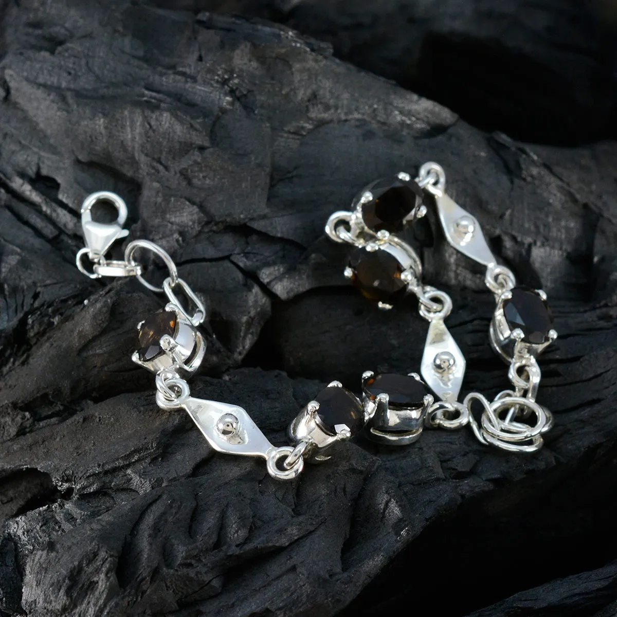 Riyo Designer 925 Sterling Silver Bracelet For Women Smoky Quartz Bracelet Prong Setting Bracelet