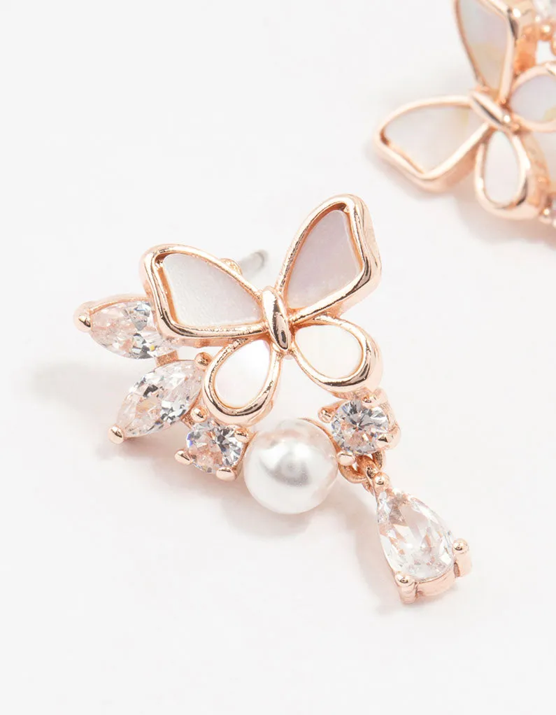 Rose Gold Plated Butterfly Pearl Mini Drop Earrings