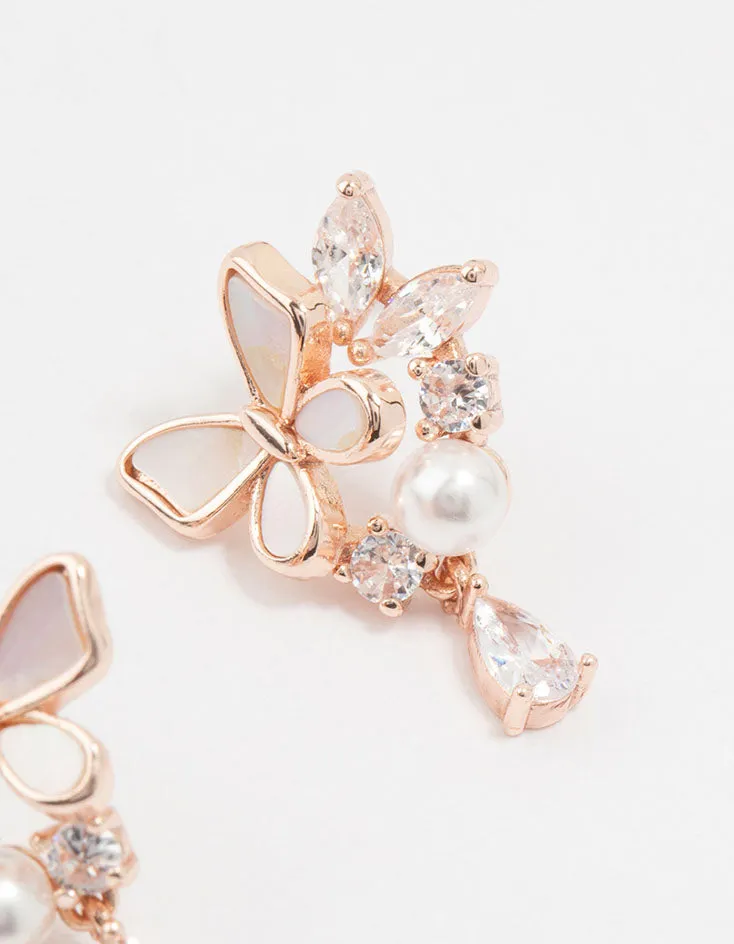 Rose Gold Plated Butterfly Pearl Mini Drop Earrings